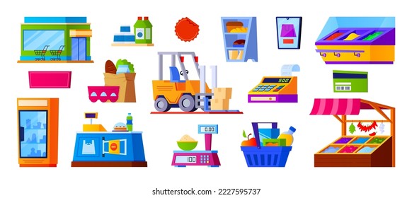 Supermarket and shopping - set of flat design style objects isolated on white background. Collection of grocery carts, market, frozen food and drink fridge, scales, cash register, online orders