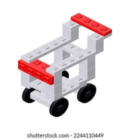 Supermarket Shopping Trolley assembled from plastic blocks and isometric bricks. Vector clipart