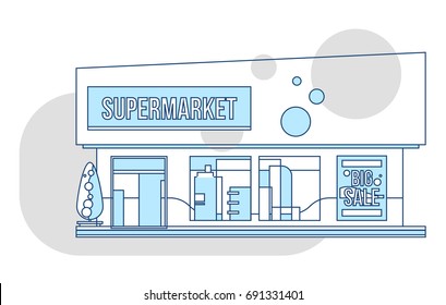 Mostrador de supermercado e ilustración de anuncios, estilo de línea delgada