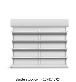Supermarket showcase empty shelves 3d realistic vector isolated on white background. Store or exhibition rack for products presentation mockup template. Retail industry trading equipment illustration