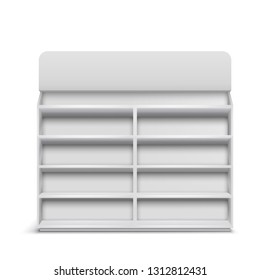 Supermarket showcase with empty shelves, rack with blank sign board 3d realistic vector isolated on white. Shop, grocery store inventory, product retail, merchandising and sale concept design element