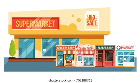 Supermarket and small magazines cityscape, flat style. Modern view vector illustration