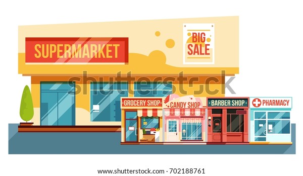 Supermarket and small magazines cityscape,\
flat style. Modern view vector\
illustration