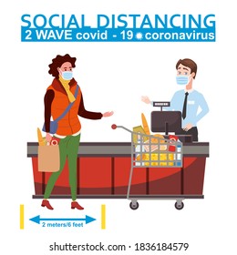 Supermarket social distancing store counter cashier and buyer in medical masks, with cart and basket of food. Quarantine coronavirus 2019-nCoV 2 wave in the store epidemic precautions. Cartoon style