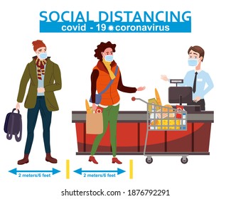 Supermarket Social Distancing Store Counter Cashier Stock Vector ...