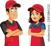 
Supermarket Staff Working Together Vector Cartoon Illustration. Cheerful retail workers smiling and greeting customers 

