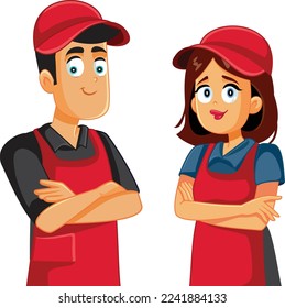 
Supermarket Staff Working Together Vector Cartoon Illustration. Cheerful retail workers smiling and greeting customers 
