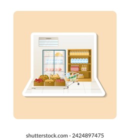 Supermarket sticker illustration. Shelf, fruits, vegetables, trolley, fridge. Editable vector graphic design.