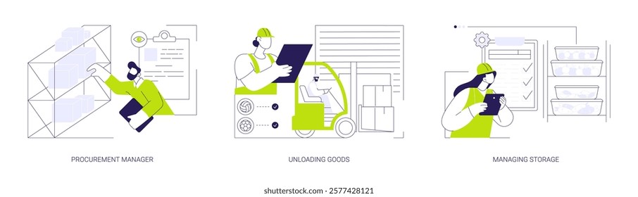 Supermarket storage warehouse abstract concept vector illustration set. Procurement manager, unloading goods with forklift, manage storage, check goods in warehouse, wholesale abstract metaphor.