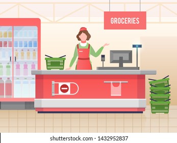 Supermarket store assistant. Happy cashier woman sales food in grocery hypermarket. Retail service, supermarket shopping and clerk or retailer in shop, paying vector image