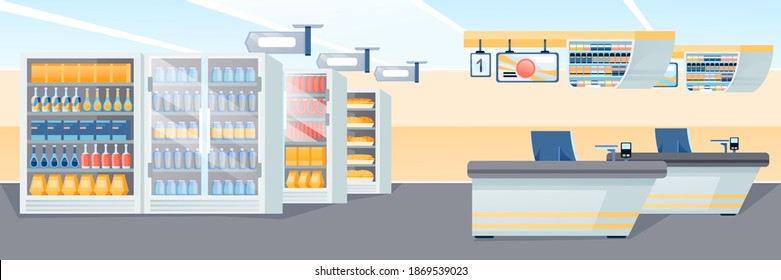 Supermarket store background. Empty shop with checkout register counters, aisles with shelves full of food and drinks vector illustration. Horizontal panorama at grocery store.