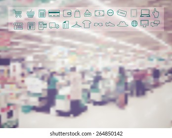 Supermarket store blur background with shopping icon set, Vector illustration modern template design