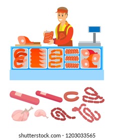 Supermarket store, butchers department with meal variety set vector. Pork and meat, sausages and frankfurter. Seller salesperson with raw food bacon