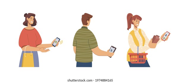 Supermarket store buyer shopper in line make money transactions by qr code. Contactless pay, people paying by smartphone, flat cartoon vector illustration. Mobile payments for purchases via nfc.