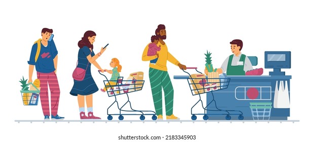 Compradores de supermercados haciendo fila ante cajero, ilustración vectorial de dibujos planos aislados en fondo blanco. Visitantes de supermercados pagando por compras.