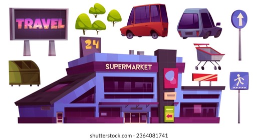 Supermarket store and car parking exterior vector set. City grocery market cartoon clipart design. Outside street business icon with shopping cart, vehicle and hypermarket building isolated element