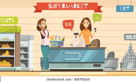 Supermarket store cashier and customer with grocery basket at cash register retro cartoon poster vector illustration  