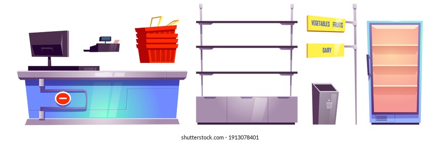 Supermarket store with checkout counter, shelves, baskets and refrigerator for food. Vector cartoon set of grocery shop with cashier desk, empty rack, signs and trash can isolated on white background