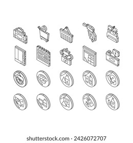 Supermarket Store Collection isometric icons set. Supermarket Cart And Basket, Cash Register And Barcode Scanner, Shop Building And Storage Concept Linear Pictograms. Color Contour .