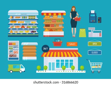 Supermarket store concept with food assortment, opening hours and payment options, delivery icons illustration vector. Store and shopping shelves, cart and basket