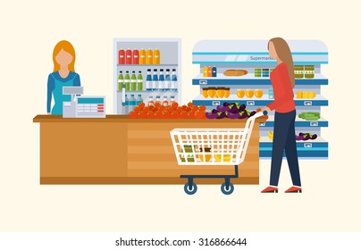 Supermarket store concept with food assortment, opening hours and payment options, delivery icons illustration vector. Store and shopping shelves, cart and basket