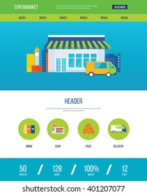 Supermarket store concept with food assortment, opening hours and payment options, delivery icons illustration vector. One page web design template