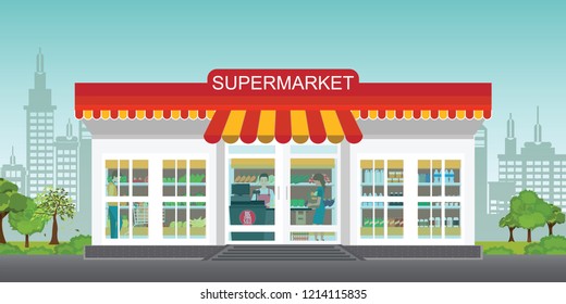 Supermarket Store Concept With People In Supermarket Grocery Store, Supermarket Building And Interior With Fresh Food On Shelves And Counter Cashier, Flat Vector Illustration.