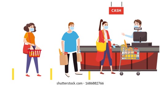 Supermarket store counter cashier and buyers in medical masks, with cart and basket of food. Quarantine coronavirus 2019-nCoV in the store social distancing epidemic precautions. Cartoon style vector