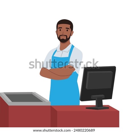 Supermarket store counter desk and cashier clerk in uniform folded his hands. Flat vector illustration isolated on white background