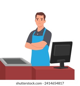 Supermarket store counter desk equipment and cashier clerk in uniform folded his hands. Flat vector illustration isolated on white background