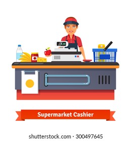 Supermarket Store Counter Desk Equipment And Clerk In Uniform Ringing Up Grocery  Purchases. Flat Style Vector Illustration Isolated On White Background.