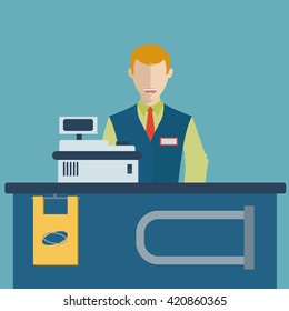 Supermarket Store Counter Desk Equipment And Cashier Clerk In Uniform 