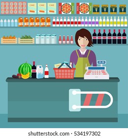 Supermarket store counter desk equipment and clerk in uniform ringing up grocery purchases. Flat style vector illustration isolated