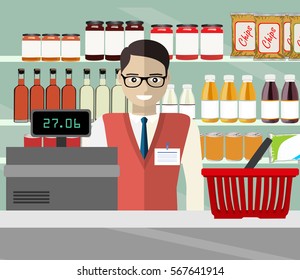 Supermarket store counter desk equipment and clerk in uniform ringing up grocery purchases. Flat style vector illustration.