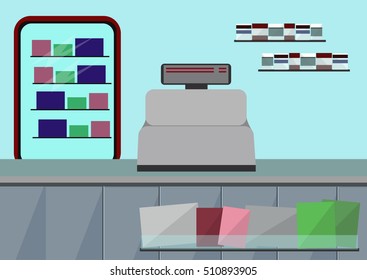 Supermarket store counter. Flat style vector illustration.