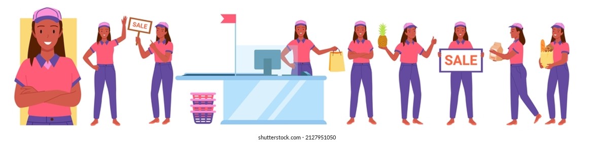 Supermarket Or Store Female Employee At Work Set Vector Illustration. Cartoon Woman In Uniform Greeting People, Personnel Assistant, Cashier Worker Or Consultant Working On Sales Isolated On White