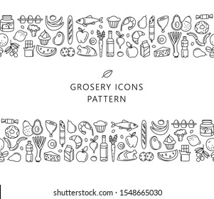 Supermarket groсery store food, drinks, vegetables, fruits, fish, meat, dairy, sweets market products goods seamless thin line icons background pattern. Vector illustration in linear simple style.