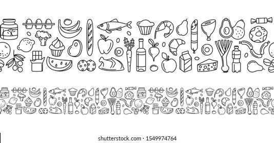 Supermarket groсery store food, drinks, vegetables, fruits, fish, meat, dairy, sweets market products goods seamless thin line icons background pattern. Vector illustration in linear simple style.