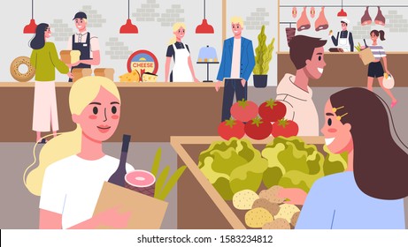 Supermarket store with fresh farm vegetables, dairy products, cheese and meat. People in the grocery store buying goods. vector illustration