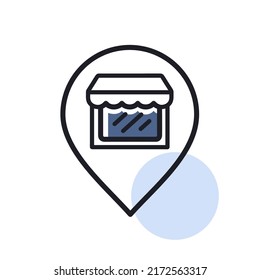 Supermarket store front pin map icon. E-commerce sign. Graph symbol for your web site design, logo, app, UI. Vector illustration, EPS10.