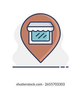 Ícone do mapa do pino frontal da loja de supermercados. Sinal de comércio eletrônico. Símbolo gráfico para o design, logotipo, aplicativo, interface do usuário do seu site. Ilustração vetorial, EPS10.