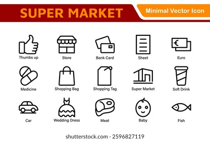 Supermarket Store Icon Collection. Modern Grocery Symbols for UI and Branding