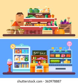 Supermarket store indoor with goods: vegetables pumpkin, spices, tomatoes, eggplant, candies, drinks, pepper, dairy products cheese. Sale badges, store shelves, crates. Flat vector illustrations.