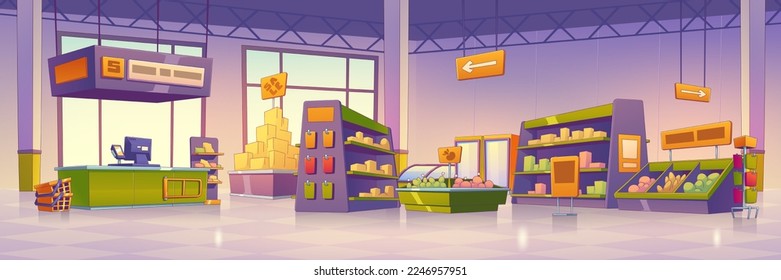 Supermarket store interior design. Contemporary vector illustration of modern shopping mall with food, beverages on shelves and in fridges, arrow signs, checkout. Retail sale business. Game background