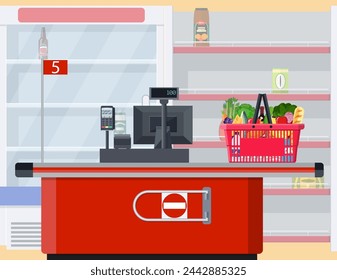 Supermarket store interior with empty store shelves. Big shopping mall. Interior store inside. Checkout counter. Vector illustration in flat style