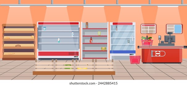 Supermarket store interior with empty store shelves. Big shopping mall. Interior store inside. Checkout counter. Vector illustration in flat style