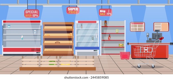 Supermarket store interior with empty store shelves. Big shopping mall. Interior store inside. Checkout counter. Vector illustration in flat style