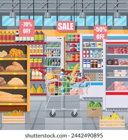 Supermarket store interior with goods. Big shopping mall. Groceries shop. Inside of super market. Cart full of food. Grocery, drinks, fruits, dairy products. Vector illustration in flat style