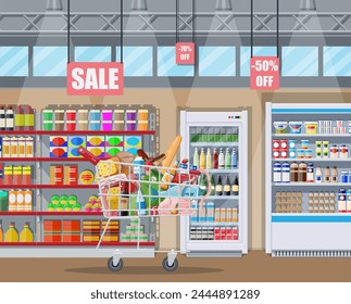 Supermarket store interior with goods. Big shopping mall. Interior store inside. Checkout counter, grocery, drinks, food, fruits, dairy products. Vector illustration in flat style