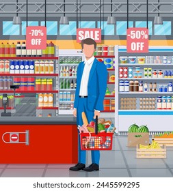 Supermarket store interior with goods. Big shopping mall. Groceries shop. Inside of super market. Customer with basket full of food. Grocery, drinks, fruits, dairy products. Flat vector illustration